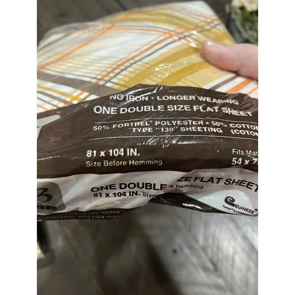 Vintage Bibb Double Flat Sheet 2 Pillow Cases Brown Gold Orange Geo Line MCM NOS